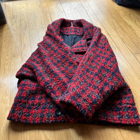Free People Size S Red Houndstooth Slouchy Oversized Boucle Jacket - Picture 10 of 16